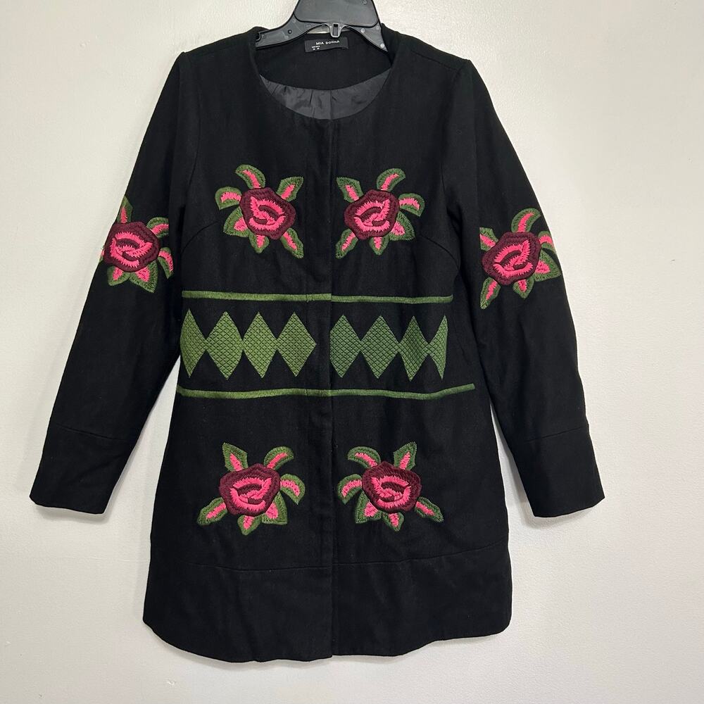 Mia Donna Black Wool Blend Embroidered Floral Jacket M